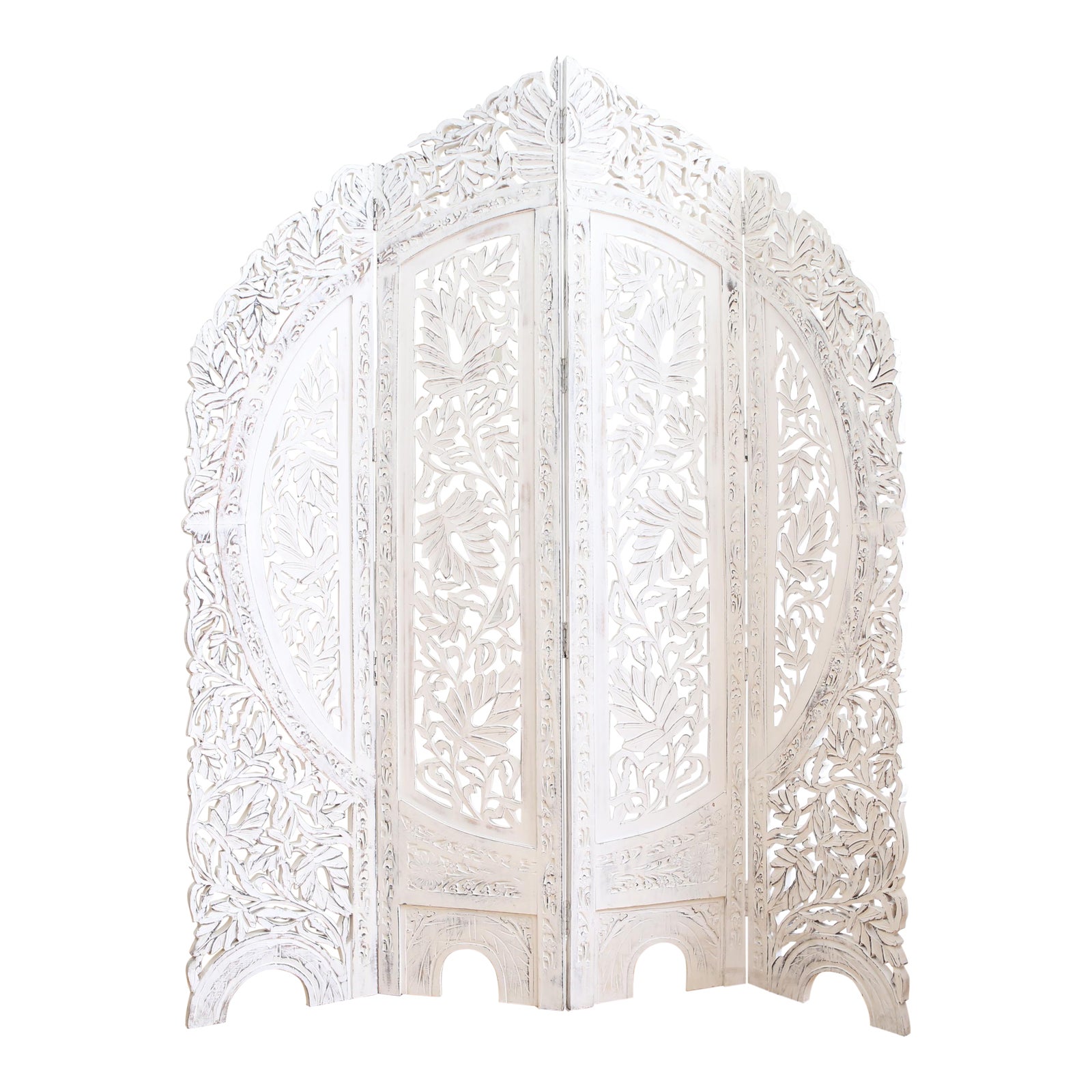 Boho Hand Carved Solid Wood White Washed Screen Room Divider Chairish