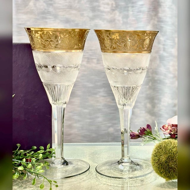 Art Deco 1990s Moser Splendid Gold Encrusted Water Goblets - A Pair For Sale - Image 3 of 12