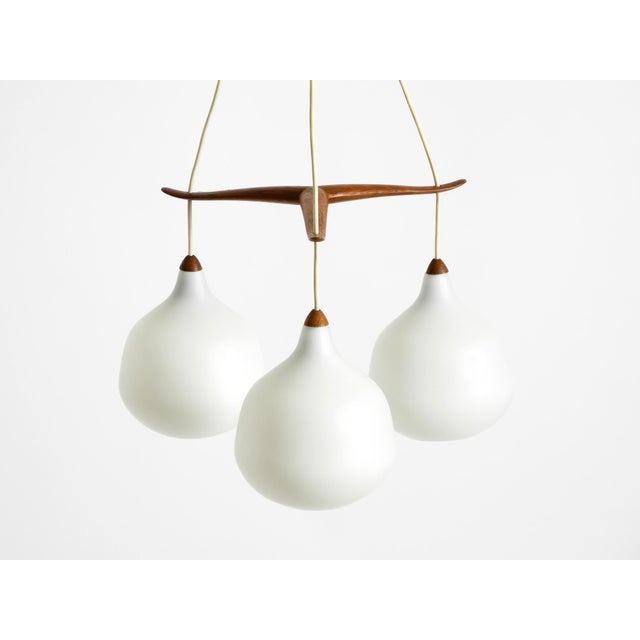 Wood Pendant Lamp with Three Opal Glass Shades and Teak Frame by Uno & Östen Kristiansson for Luxus Vittsjö, Sweden, 1957 For Sale - Image 7 of 17