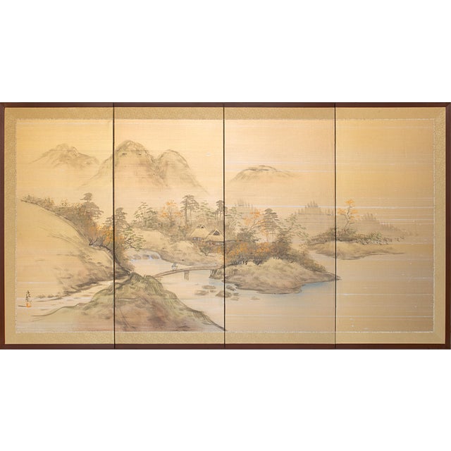 1960s Shōwa Era Japanese Byobu Screen, "Mountain Landscape With River and Bridge" For Sale - Image 18 of 18