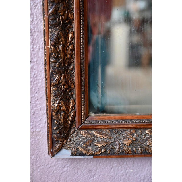 1950s Antique Bohemian Mirror in Embossed Metal Frame with Oak Leaves, 1950s For Sale - Image 5 of 10