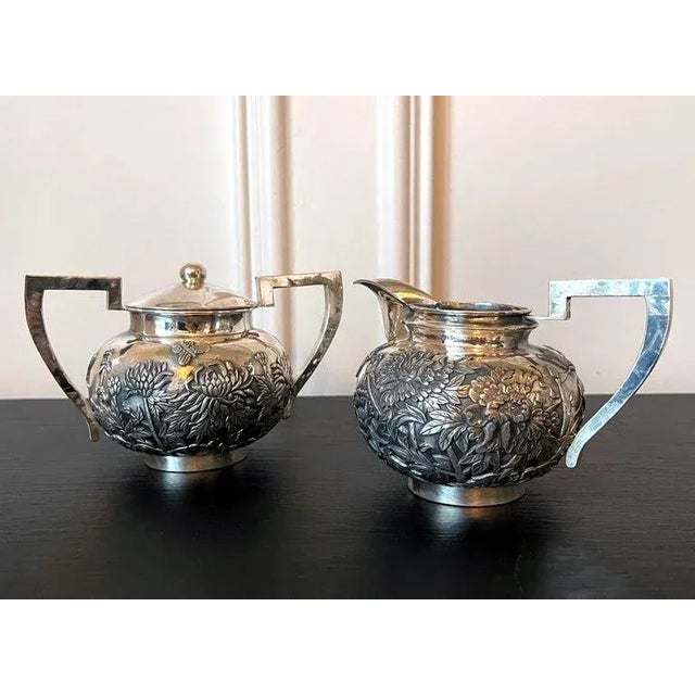 Chinese Chinese Export Sterling Silver Creamer and Sugar by Cutshing - A Pair For Sale - Image 3 of 13