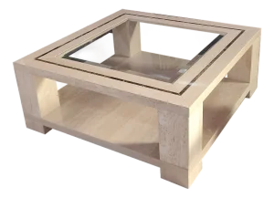 Aroa Coffee Table in Polished Travertine Marble and Marquetry in Emperador Brown Marble by Joaquín Moll for Meddel, 1989