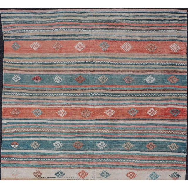 Mid 20th Century Colorful Vintage Turkish Embroidered Kilim With Stripes and Geometric Motifs 5'5 X 10'4 For Sale - Image 5 of 14