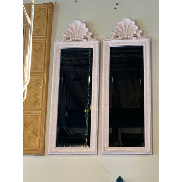 Vintage Pair Light Pink Lacquered Palm Beach Scalloped Shell Wall Mirrors For Sale - Image 10 of 12