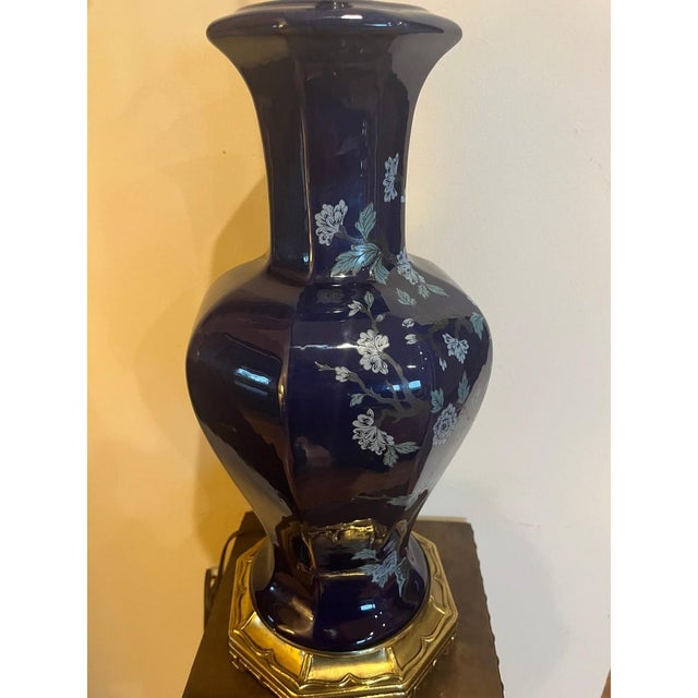 1970s Chinoiserie Cobalt Blue Porcelain Lamp - Heavy 6lb Greek Key Brass Base For Sale In San Francisco - Image 6 of 13