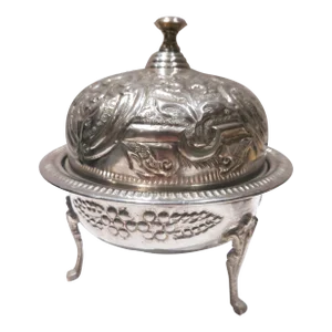 Early 1900s Antique Moroccan Hand Hammered Silver Plated Brass Bowl With Dome Cover