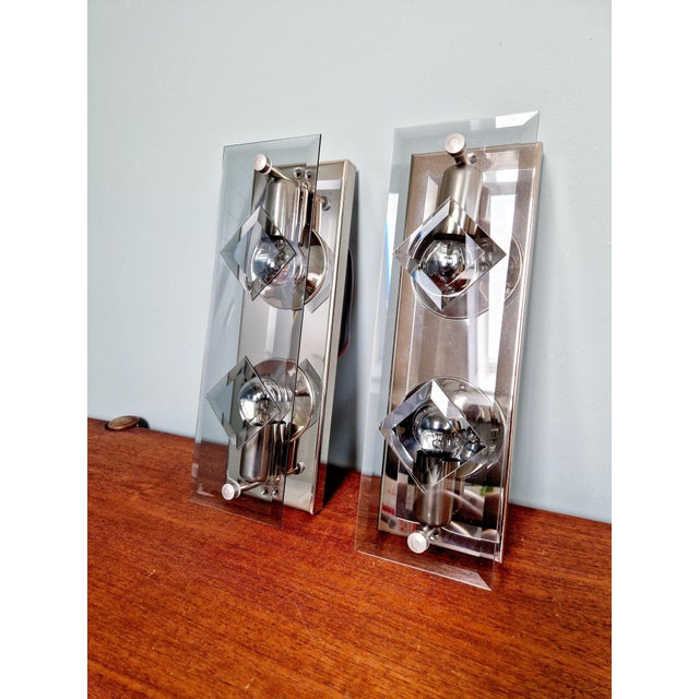 Wall Lights in Chromed Metal and Smoked Glass, 1970, Set of 2 For Sale - Image 3 of 15
