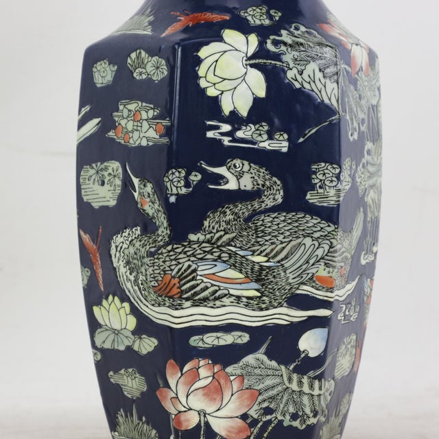 Pair of Chinese Mid-20th Century Famille Rose Cobalt Blue Hexagonal Vases For Sale - Image 13 of 14
