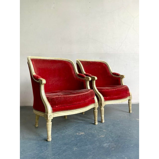French Vintage Regency Distressed Velvet Bergere Chairs - A Pair For Sale - Image 3 of 8