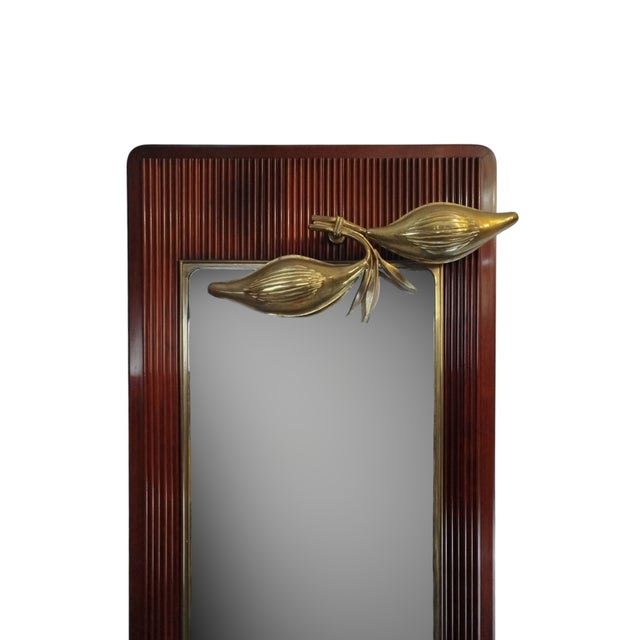 Mid-Century Modern Vintage Danish Floor Mahogany Mirror with Brass Lamp, 1950s For Sale - Image 3 of 8