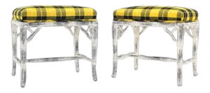 Faux Bamboo White Wash Finish Yellow Black Plaid Upholstery Benches - a Pair