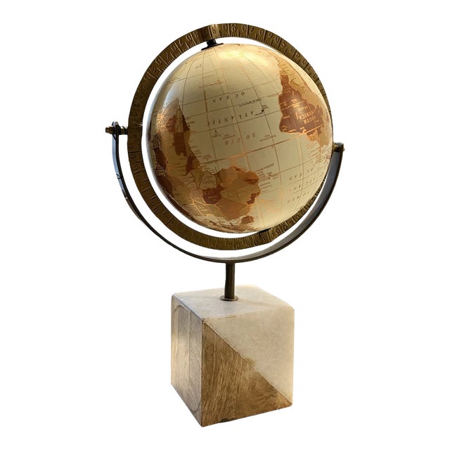 Vintage MCM Drexel Heritage Wood Marble Base Beige World Globe For Sale