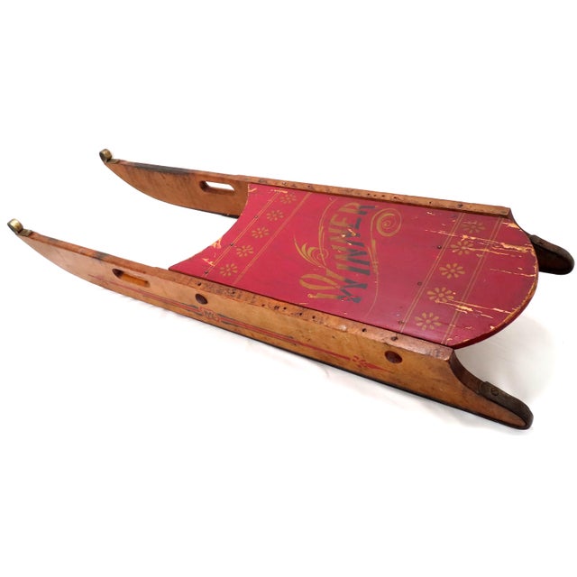 American Antique American Victorian Childs "Winner" Wood Racing Style Snow Sled in Original Paint For Sale - Image 3 of 13
