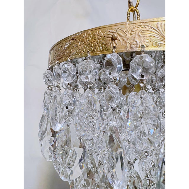 Vintage Crystal Teardrop Chandelier With Embossed Cherub Brass Crown For Sale - Image 4 of 11