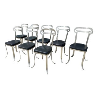 1990s Set of 2 Iron Indoor/Outdoor Klismos Column Dining Chairs With Leather Upholstery Handcrafted Styled After Jermaine Gallacher For Sale