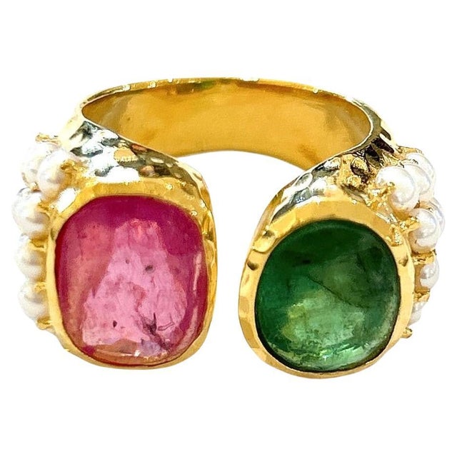 Bochic “Orient” Red Ruby & Green Tourmaline Ring Set 18K Yellow Gold & Silver, Size 7 For Sale