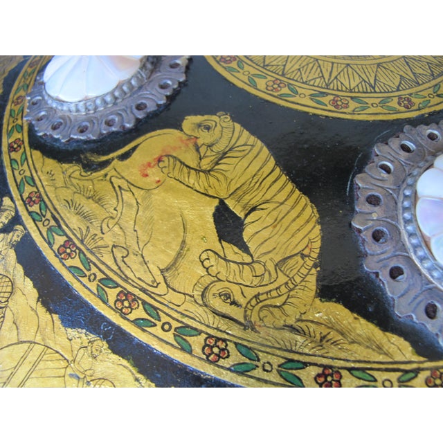 Indian Ceremonial Rajput Dhal Shield Intricate Gold Painted Hunting Scenes For Sale - Image 11 of 18