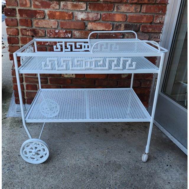 White Vintage Faux Bamboo Greek Key Patio Bar Cart For Sale - Image 8 of 13