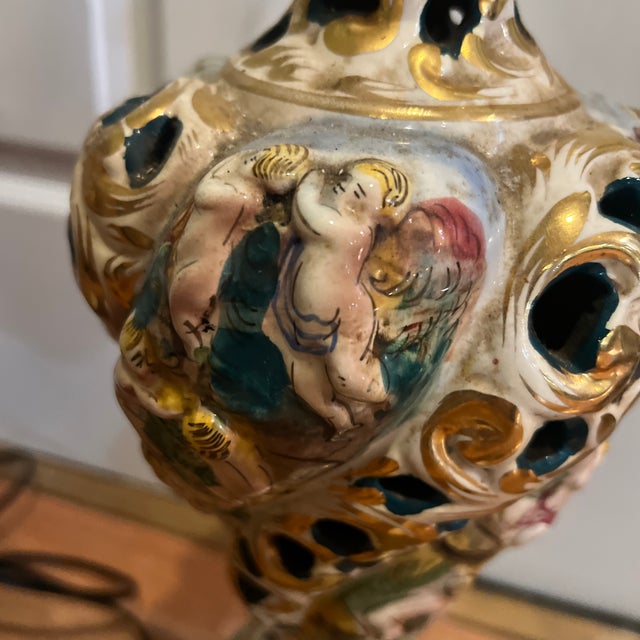 Italian Late 19th Century Capodimonte Lamps . Cherub Design , Hand Painted - a Pair For Sale - Image 3 of 5