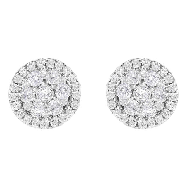 AGS Certified 14K White Gold 1.0 Cttw Brilliant-Cut Diamond Halo-Style Cluster Round Button Stud Earrings (G-H Color, I1-I2 Clarity) For Sale