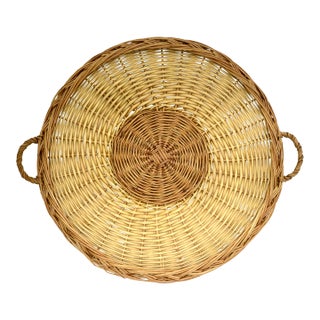 1970s Round Rattan 20" Basket Tray For Sale