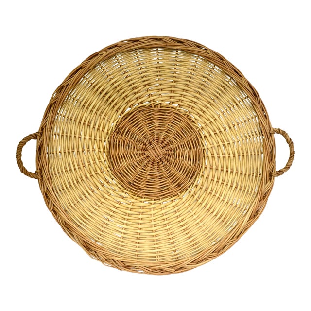 1970s Round Rattan 20" Basket Tray For Sale