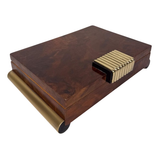 Large Italian Art Deco Box in Walnut Burl with Brass and Ebony Accents, 1930s For Sale