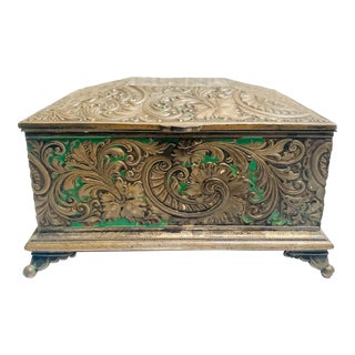 Antique Victorian 1880’s Footed Silverplate e.g. Webster Monogramed Repousse Jewelry Box For Sale