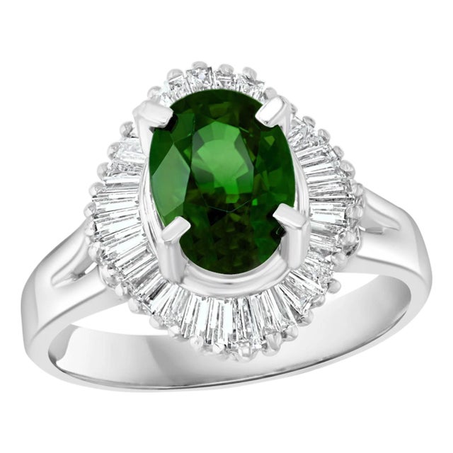 1.8 Carat Oval Tsavorite and 1.0 Carat Diamond Ring in Platinum Estate Size 6 For Sale