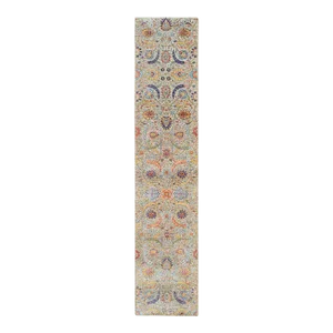 2010s Tan, Sickle Leaf Design, Silk With Textured Wool Hand Knotted, Runner Oriental Rug