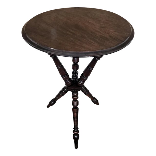 Antique Italian Round Walnut Tripod Side Table with Carved Bun Stretcher, 1890s For Sale