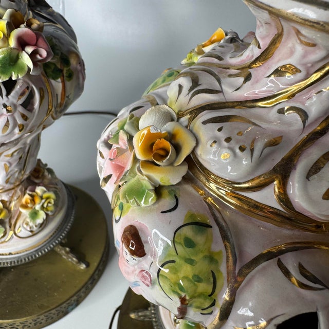 White Italian Capodimonte Cherub and Floral Table Lamps- A Pair For Sale - Image 8 of 12