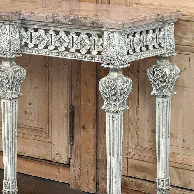 Grand Neoclassical Italian Painted and Carved Wood Console With Marble Top ~ Louis XVI Style For Sale - Image 11 of 18