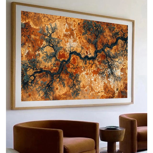 Digitally enhanced Aerial photograph of the arid desert, with intricate patterns in earthy tones. Captured from above,...