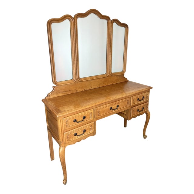 Vintage French Louis Style Oak Dressing Table with Mirror For Sale