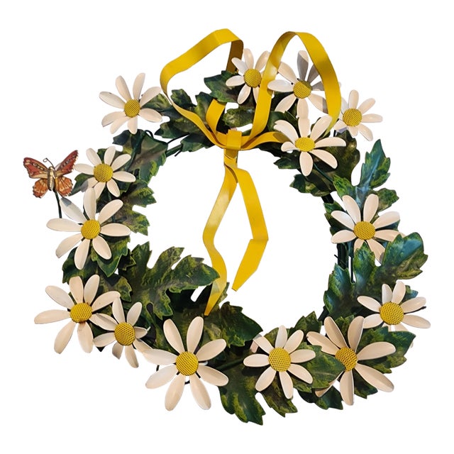 Petite Choses Vintage Tole Wreath With Daisies, Yellow Bow & Butterfly For Sale