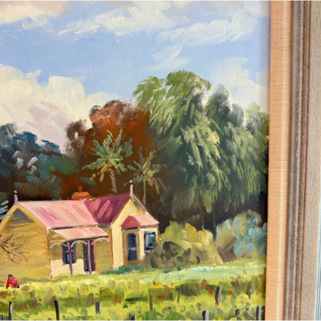 Textile E. Papps Original Oil Painting Cottage in the Field – Signed For Sale - Image 7 of 12