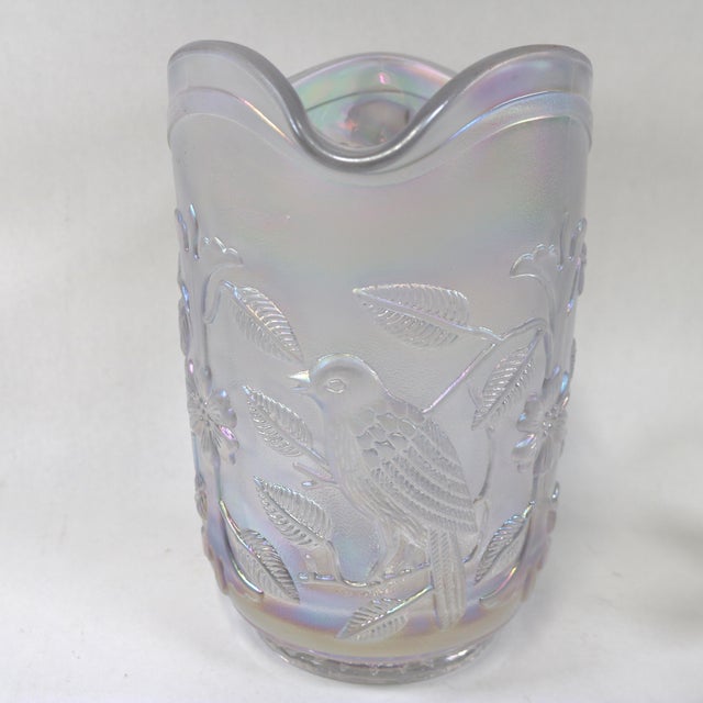 Vintage Imperial Carnival Glass Iridescent Frosty White Robins & Flowers Pitcher and 4 Glasses For Sale - Image 4 of 13