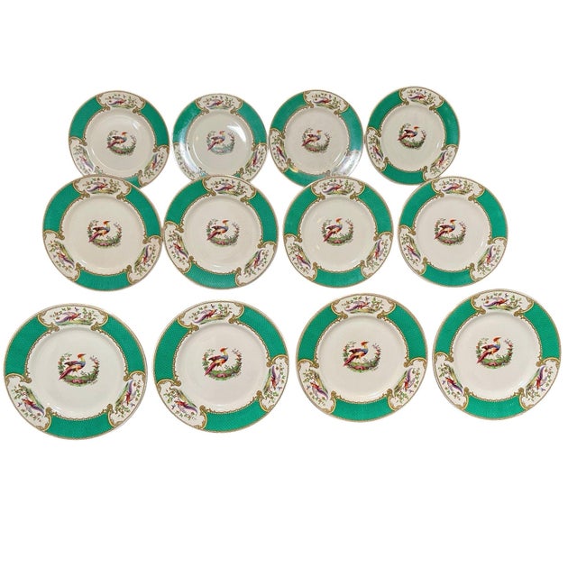 English Early 20th Century Myott Staffordshire Green Chelsea Bird Dinner Plates- Set of 12 For Sale - Image 3 of 9