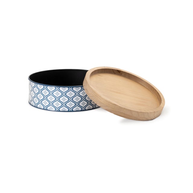 2020s Metal Patterned Canister with Natural Wood Lid (Set of 2) For Sale - Image 5 of 5