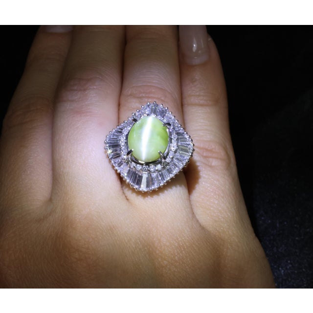 Late 20th Century Rare 8.95ct Natural Chrysoberyl Cat's Eye 2.60ct Diamond Platinum Ring Size 6.5 For Sale - Image 11 of 18