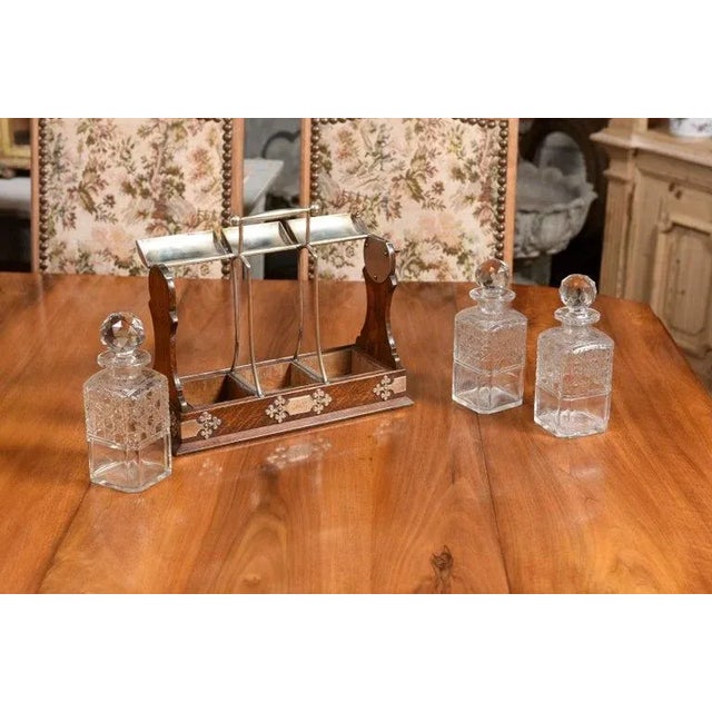 19th Century 19th Century English Victorian Locking Tantalus with Three Cut Glass Decanters For Sale - Image 5 of 12