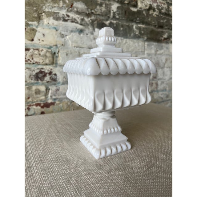 Mid-Century Modern Vintage White Milk Glass Candy Dish With Lid – Geometric Pedestal Design For Sale - Image 3 of 8