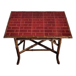 19th Century Victorian Era Chinoiserie Japonism Bamboo Burgundy Red Ceramic Tiled Tray Table For Sale