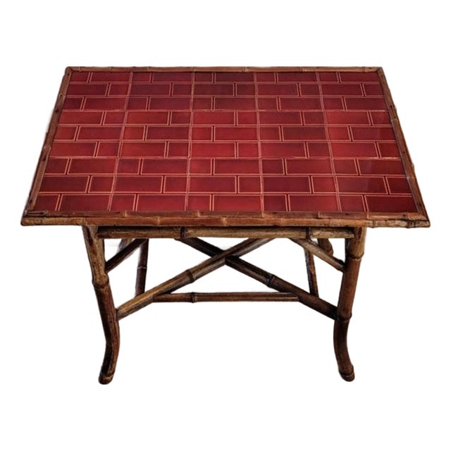 19th Century Victorian Era Chinoiserie Japonism Bamboo Burgundy Red Ceramic Tiled Tray Table For Sale