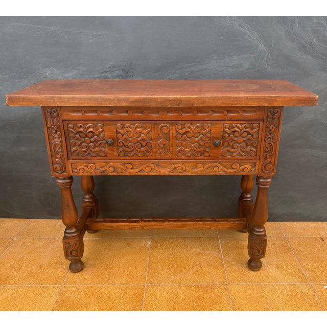 1940s Spanish Renaissance Low Console Table with Carved Front and Single Drawer For Sale - Image 9 of 13