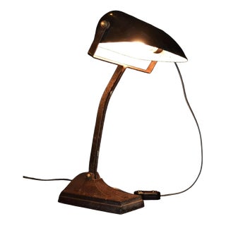 Industrial Bronze Articulated Desk Lamp with Enamel Trough Shade, 1930s For Sale