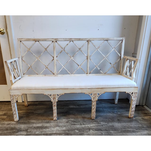 A wonderful Chinese Chippendale solid wood, quality constructed settee bench with lattice fretwork on the back and...