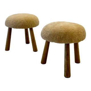 Pair of Contemporary Scandinavian Modern Style Sheepskin Foot-Stools / Ottomans For Sale